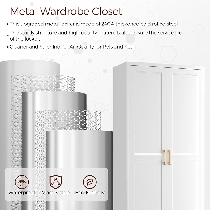 Metal Armoire Wardrobe Closet with 2 Doors, 71" Tall Wardrobe Closet with Doors, Hanging Rod, Drawers and Adjustable Shelves, White Clothing Storage Cabinets for Bedroom, Home Office