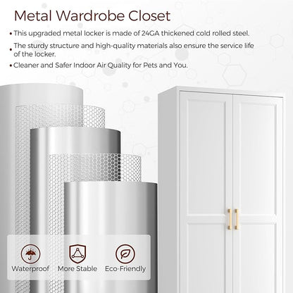 Metal Armoire Wardrobe Closet with 2 Doors, 71" Tall Wardrobe Closet with Doors, Hanging Rod, Drawers and Adjustable Shelves, White Clothing Storage Cabinets for Bedroom, Home Office