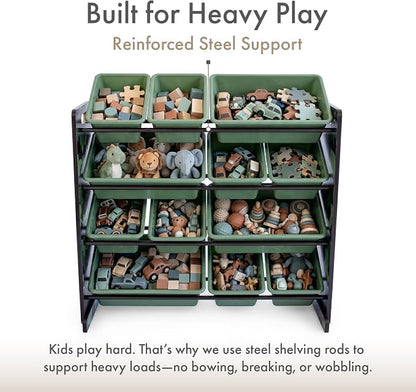 Humble Crew Toy Storage Organizer with 12 Removable Storage Bins for Kids Playroom, 4-Tier Toddler Toy Organization, Army Green Camo