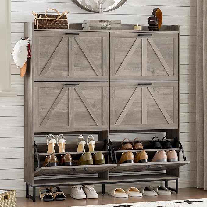 BORNOON Shoe Cabinet with 6 Flip Drawers Narrow Shoe Storage Cabinet Organizer Wooden Freestanding Shoe Rack Hidden Slim Shoes Storage Cabinet for Entryway, Hallway, Living Room, Bedroom