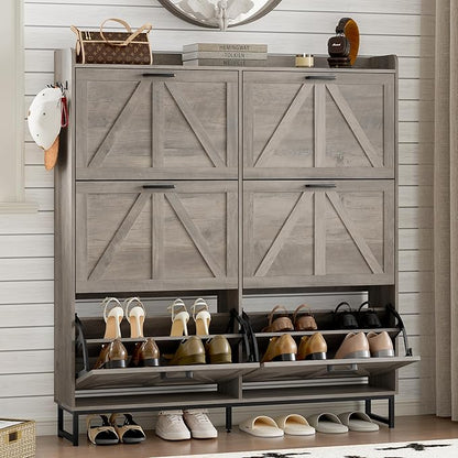 BORNOON Shoe Cabinet with 6 Flip Drawers Narrow Shoe Storage Cabinet Organizer Wooden Freestanding Shoe Rack Hidden Slim Shoes Storage Cabinet for Entryway, Hallway, Living Room, Bedroom