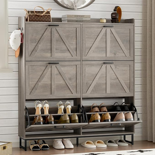 BORNOON Shoe Cabinet with 6 Flip Drawers Narrow Shoe Storage Cabinet Organizer Wooden Freestanding Shoe Rack Hidden Slim Shoes Storage Cabinet for Entryway, Hallway, Living Room, Bedroom