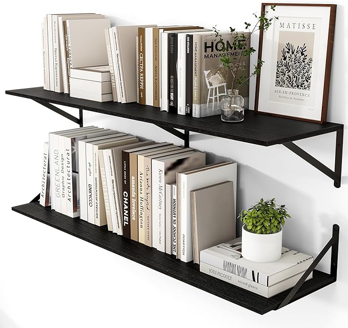 Heimlove Black Deep Floating Shelves for Wall, 44W x 12D Wood Wall Shelves Set of 2, Wide Floating Bookshelf for Living Room, Kitchen, Office, Bedroom and Decor Storage, with Metal Bracket - Black