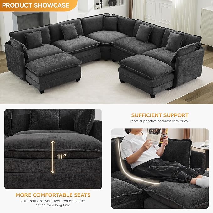 113'' V Shaped Cloud Sectional Sofa, Oversized Deep Seat Couches for Living Room, Chenille Comfy Upholstered Modular Sectional Sofa Couch with 2 Movable Ottoman, Dark Grey