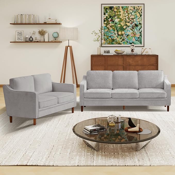Kingfun Couch Sets for Living Room, 3 Seater Couch and Loveseat, Mid Century Modern Sofa Set, Chenille Couch with Solid Wood Frame for Bedroom