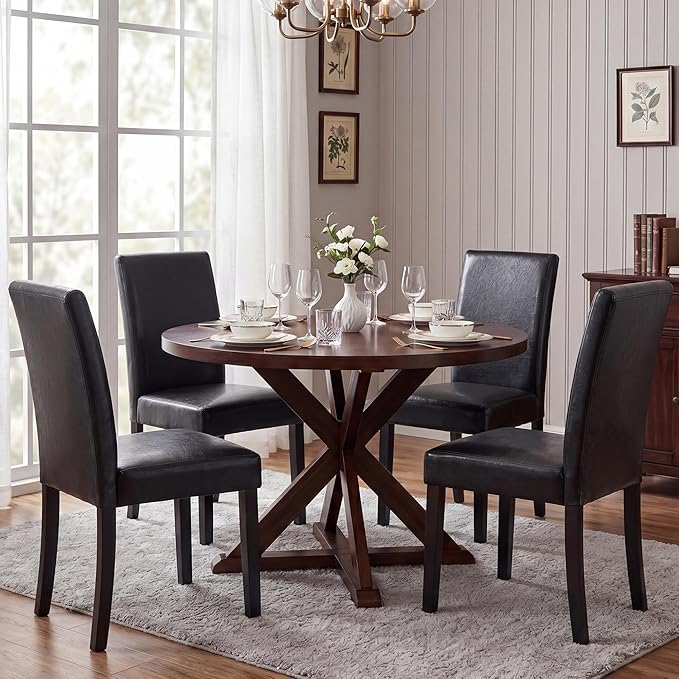 LSSBOUGHT Modern Dining Chair Set of 2 Urban Style PU Kicthen Chairs with Solid Wood Legs for Dining Room and Restaurant(Black)