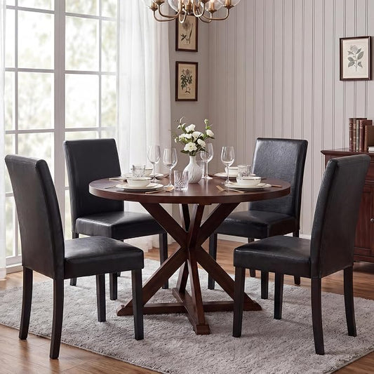 LSSBOUGHT Modern Dining Chair Set of 4 Urban Style PU Kicthen Chairs with Solid Wood Legs for Dining Room and Restaurant(Black)