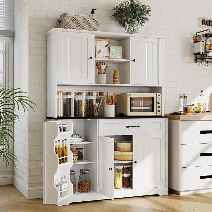 Gizoon Kitchen Pantry Cabinet with Microwave Shelf Tall Coffee Bar Cabinet with Doors and Shelves Farmhouse Kitchen Hutch with Storage for Dining Room and Craft Room, Painted White and Black