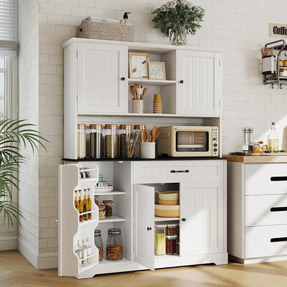 Gizoon Kitchen Pantry Cabinet with Microwave Shelf Tall Coffee Bar Cabinet with Doors and Shelves Farmhouse Kitchen Hutch with Storage for Dining Room and Craft Room, Painted White and Black