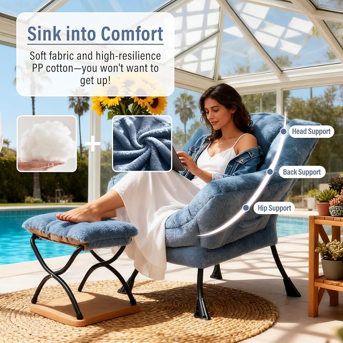 Furlide Lazy Chair with Ottoman, Modern Accent Chair with Armrests and a Side Pocket, Plush Light Blue Accent Chairs, Reading Chairs, Oversized Armchairs for Bedroom, Study, Living Room, Courtyard