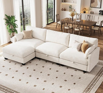 Modular Sectional L Shaped Sofa Couches for Living Room, Cloud Couch with Storage Ottoman, Comfy Chenille Sofa with Pillow, Beige