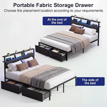 Queen Bed Frame with LED Lights, Charging Station & 2 Storage Drawers, Metal Platform with Upholstered Headboard, No Box Spring Needed, Easy Assembly