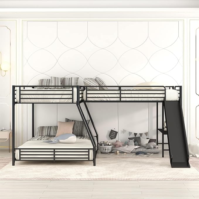 Flieks L-Shaped Twin Over Full Bunk Bed with Twin Size Loft Bed,Built-in Desk and Slide,Black