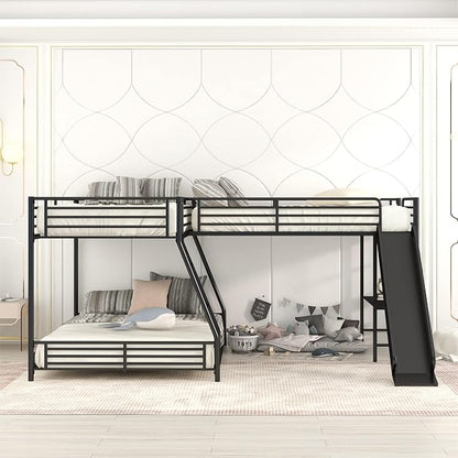 Flieks L-Shaped Twin Over Full Bunk Bed with Twin Size Loft Bed,Built-in Desk and Slide,Black
