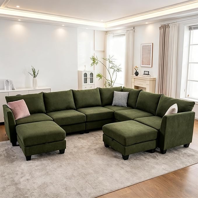 122.8" Large Sectional Couches for Living Room, 6 Seater L Shaped Modular Sectional Sofa with Two Storage Ottomans & USB, Oversized Corner Couch for Living Room（Green）