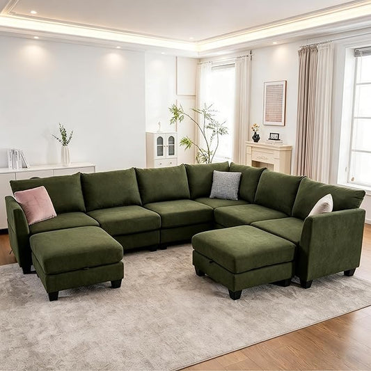 122.8" Large Sectional Couches for Living Room, 6 Seater L Shaped Modular Sectional Sofa with Two Storage Ottomans & USB, Oversized Corner Couch for Living Room（Green）