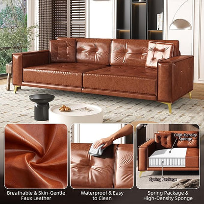 92.1'' Pull Out Sofa Bed King, Faux Leather Futon Couch, 3-in-1 Convertible Sleeper Sofa with Tufted Back, Gold Furniture Legs, Deep Loveseat for Living Room, Apartment, Office, Light Brown
