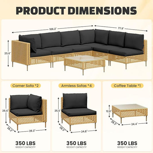 LHBcraft 7-Piece Wicker Outdoor Patio Furniture Set, Outdoor Sectional Furniture, Patio Sofa Sectional Conversation Sets, Handmade Rattan, Water-Resistant Fluffy Cushions and Coffee Table, Brown Black