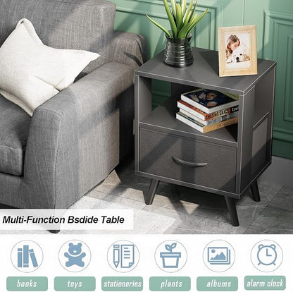 Aenuert Night Stand, Black Nightstand with Drawer, Side Table with Open Storage, 2-Tier Modern End Table, Bedside Table for Small Space, Living Room, Bedroom