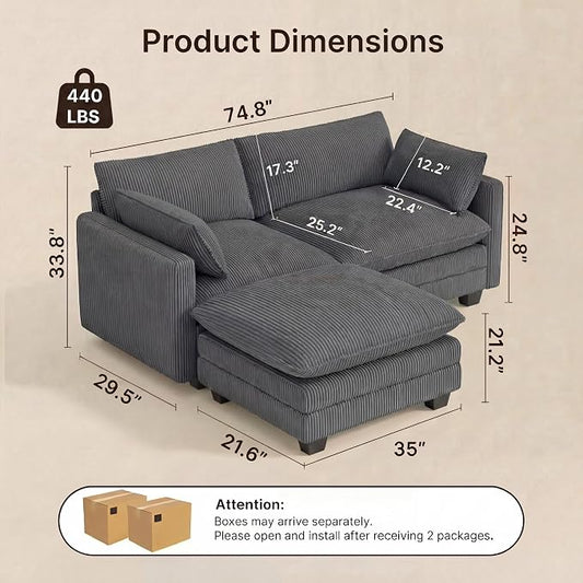 Gizoon 75'' Loveseat with Ottoman for Small Space L Shaped Cloud Coucher with Deep Seats, 2 Seater Love Seat Sofa with Washable Corduroy Cover for Living Room Bedroom, Gray