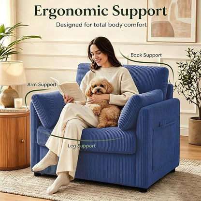 38" Modern Accent Chair, Corduroy Chair with Soft Pillows and Side Pockets, Comfy Single Reading Chairs for Living Room, Bedroom Navy Blue