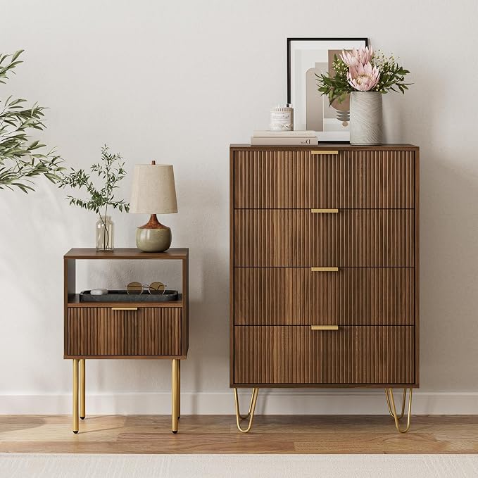 Masupu 4 Drawer Dresser, Drawer Chest, Tall Storage Dresser Chest Cabinet Organizer Unit with Gold Metal Legs, Nightstand for Bedroom, Living Room, Closet, Hallway Walnut Stripe