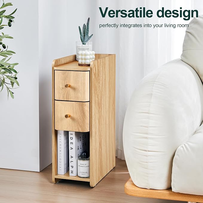 Narrow End Table Bedroom, Wooden Small 2 Drawer Nightstand, Thin Couch Side End Table, Skinny Bedside Table Small Spaces, Mid Century Modern Night Stand with Drawers (Natural-1 pc)