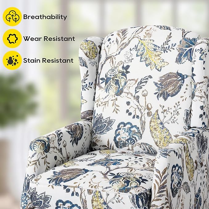 Upholstered Wingback Recliner Chair - Traditional Push Back Recliner Chair with Padded Seat, Fabric Floral Recliner Chair, Wingback Chair Small Recliners for Small Spaces