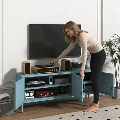 3 Door Lockable Metal TV Stand Storage Cabinet with Accent Cabinet Locker, Wide Heavy Duty Media Console for Large 100+ Inch TVs, Home Office Entertainment Center, Blue 22"H X 47.3"W X 13.8"D