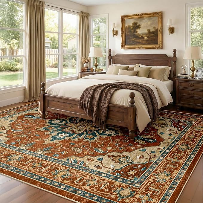 RELEANY Area Rugs Large 9'x12' Washable Non-Slip, Floral Vintage Distress Medallion Carpet for Living Room Bedroom Dining Room, Red Orange Blue Brown