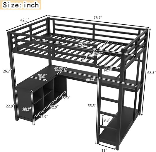 Bellemave Twin loft Bed with L Desk, Wardrobe, Metal Twin Loft Bed Frame for Adults, Kids, Teens, Black