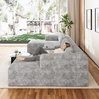 143" Oversized U Shaped Cloud Sectional Couches for Living Room, Comfy Fluffy Corduroy Grey Boneless Couch, Large Modular Sectional Sofa Set with Chaise, Cup Holder, USB Port, Storage Console