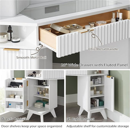 T4TREAM Fluted Makeup Vanity Desk with 3 Way Mirror and Lights, 48" Large Corner Vanity Table with Glass Top, Charging Station, 3 Drawers, Storage Cabinets & Shelves, for Bedroom, Solid White