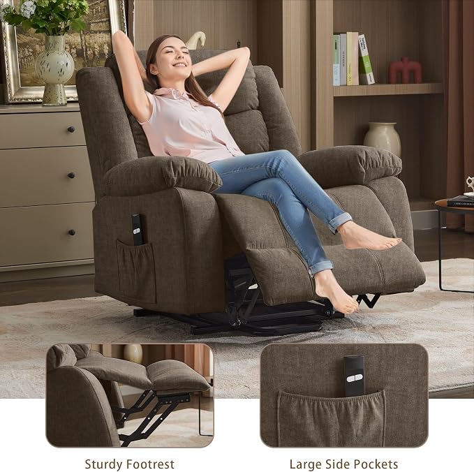 Korser Oversized Power Lift Recliner for Elderly, Electric Recliner Chairs with Massage and Heat, Extra Wide Recliner with Side Pockets, Reclining Chair for Living Room (Cashmere, Brown)