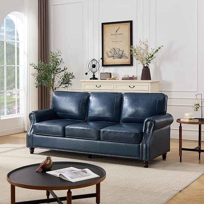 Kingfun Mid-Century Modern Couch, Faux Leather Sofa, 3 Seater Couch for Living Room with Rolled arms & Nailhead Trim, Blue
