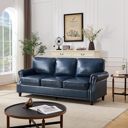 Kingfun Mid-Century Modern Couch, Faux Leather Sofa, 3 Seater Couch for Living Room with Rolled arms & Nailhead Trim, Blue