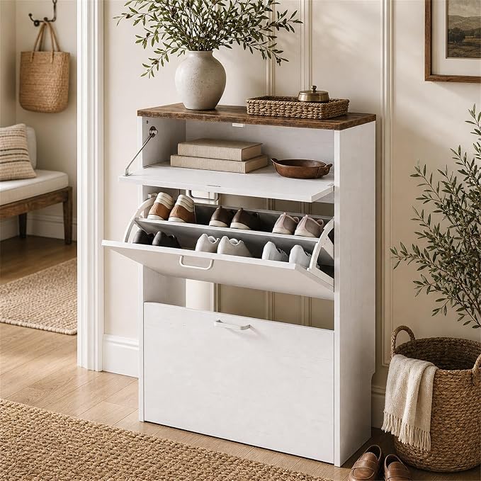 VINGLI Set of 2 Rustic White Shoe Cabinet for Entryway, 2-Pack Ultra Slim Shoe Organizer with Vintage Brown Top, 24.8" W Narrow Shoe Cabinet for Front Door, Farmhouse Wood Shoes Rack for Hallway