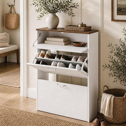VINGLI Set of 2 Rustic White Shoe Cabinet for Entryway, 2-Pack Ultra Slim Shoe Organizer with Vintage Brown Top, 24.8" W Narrow Shoe Cabinet for Front Door, Farmhouse Wood Shoes Rack for Hallway