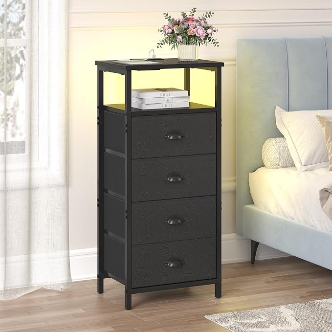 sthmec Nightstand with Charging Station,LED Black Nightstand with 4 Fabric Drawers PU Finish, Bedside End Tables, 2-Tier Open Storage Shelf Side Table Nightstand with Drawers for Bedroom,Black