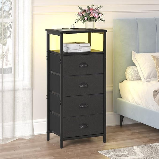 sthmec Nightstand with Charging Station,LED Black Nightstand with 4 Fabric Drawers PU Finish, Bedside End Tables, 2-Tier Open Storage Shelf Side Table Nightstand with Drawers for Bedroom,Black