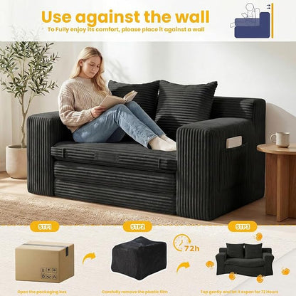 Boneless Couch,Boneless Loveseat Sleeper Sofa Bed – 3-in-1 Convertible Couch Bed with Side Pockets & Handle,Pull Out Corduroy Futon for Small Space,Living Room & Bedroom,2 Pillows Included,No Assembly