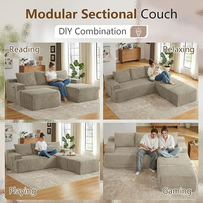 96" Cloud Sectional Couch U-Shaped Chaise with Ottoman, Corduroy Boneless Couch for Living Room Bedroom, Deep-Seat Upholstered Modular Cloud Sofa, No Assembly Required (Camel, Right Facing Chaise)
