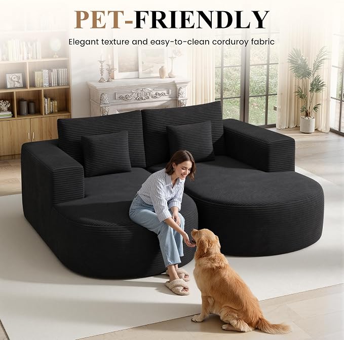Modular Sectional Sofa Bed,Convertible Cloud Couches for Living Room,2 Chaise Corduroy Boneless Couch Sleeper Sofa Set,Oversized Chaise Lounge Chair for Bedroom,No Assembly Required,Black 1PCS