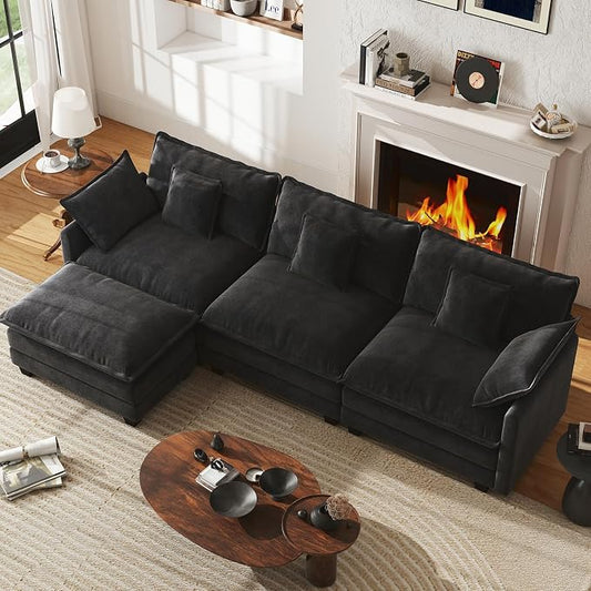 WorthFurni 111.4” Cloud Couch Modular Sectional Sofa with Ottoman, Comfy Modern 3-Seater Couches with Pillows & Upholstered Deep Seat Cushion for Apartment Living Room Bedroom (Black)