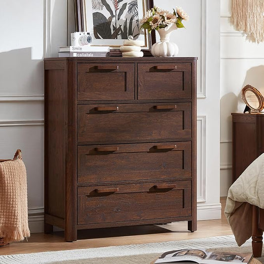 Joaxswe Farmhouse 5 Drawer Dresser for Bedroom, Vertical Dressers Chest of Drawers with 5 Deep Drawers & 4 Thickened Table Legs & Rounded Corners, Walnut