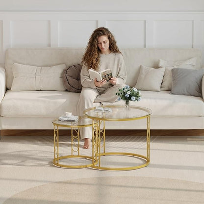 Garden 4 you Nesting Coffee Table, 23.6" Round Coffee Table Set of 2, Glass Nesting Table with Metal Frame, Ceter Tables for Living Room Bedroom Balcony, Gold