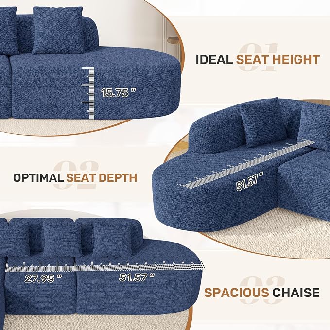 114 Inch Boneless Couches for Living Room,Modern Modular Sectional Sofa with Chaise,L-Shape Cloud Sectional Couch,No Assembly Required,Dark Blue