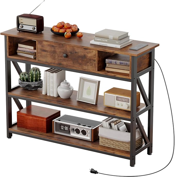 Mexin Console Table with Outlets and USB Ports, Entryway Table with Drawer Storage Shelves, Industrial Wood Hallway Sofa Table for Living Room, Couch, Foyer, Kitchen Counter, 39 Inch, Vintage Brown