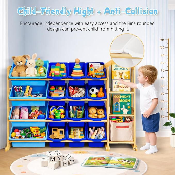 Kids Toy Storage Organizer with Bookshelf – Wooden Shelf with 16 Bins & 3 Shelves, Quick Assembly Storage Rack for Playroom, Bedroom, Nursery - Blue