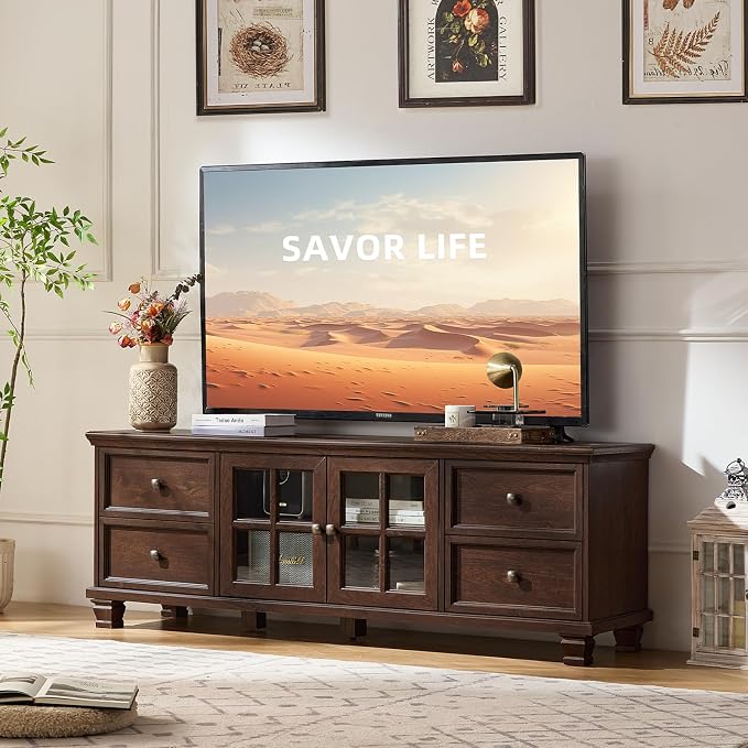 SAVOR LIFE Farmhouse TV Stands for Living Room, Brown Entertainment Center with Storage, Wood TV Console with 4 Drawers, Rustic TV Cabinet for 65 inch TV, Walnut